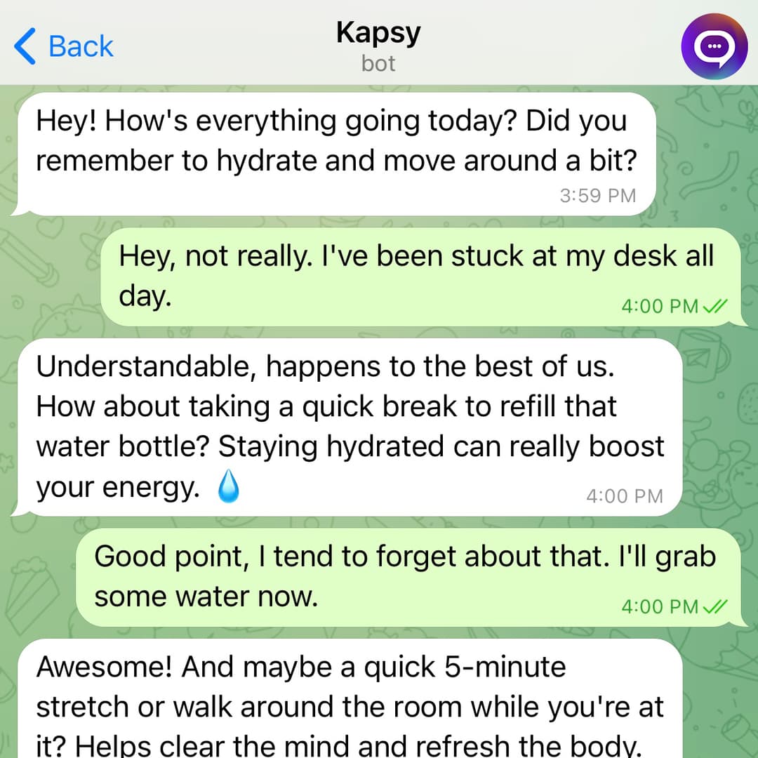 Bot checking in with user about water.